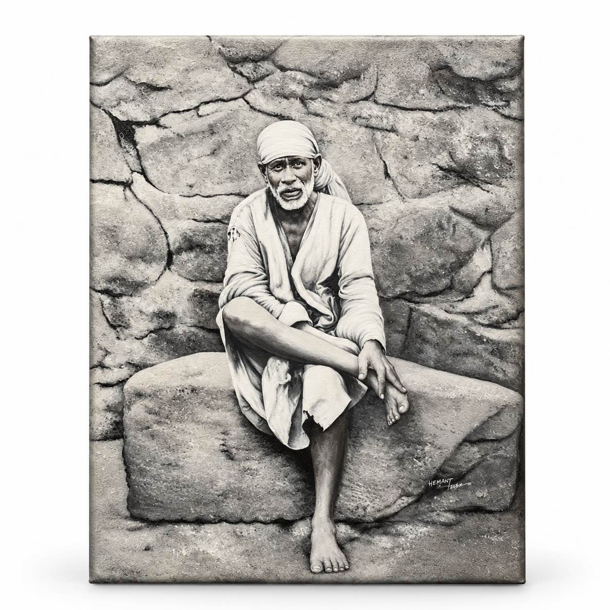 Sai Baba Original Photo Sitting on Stone Canvas Painting | Hemant Art