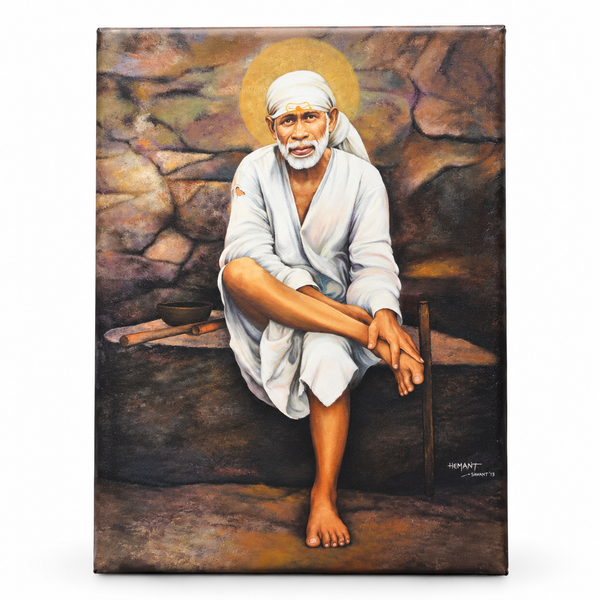 Sai Baba Original Photo Sitting on Stone Canvas Painting | Hemant Art
