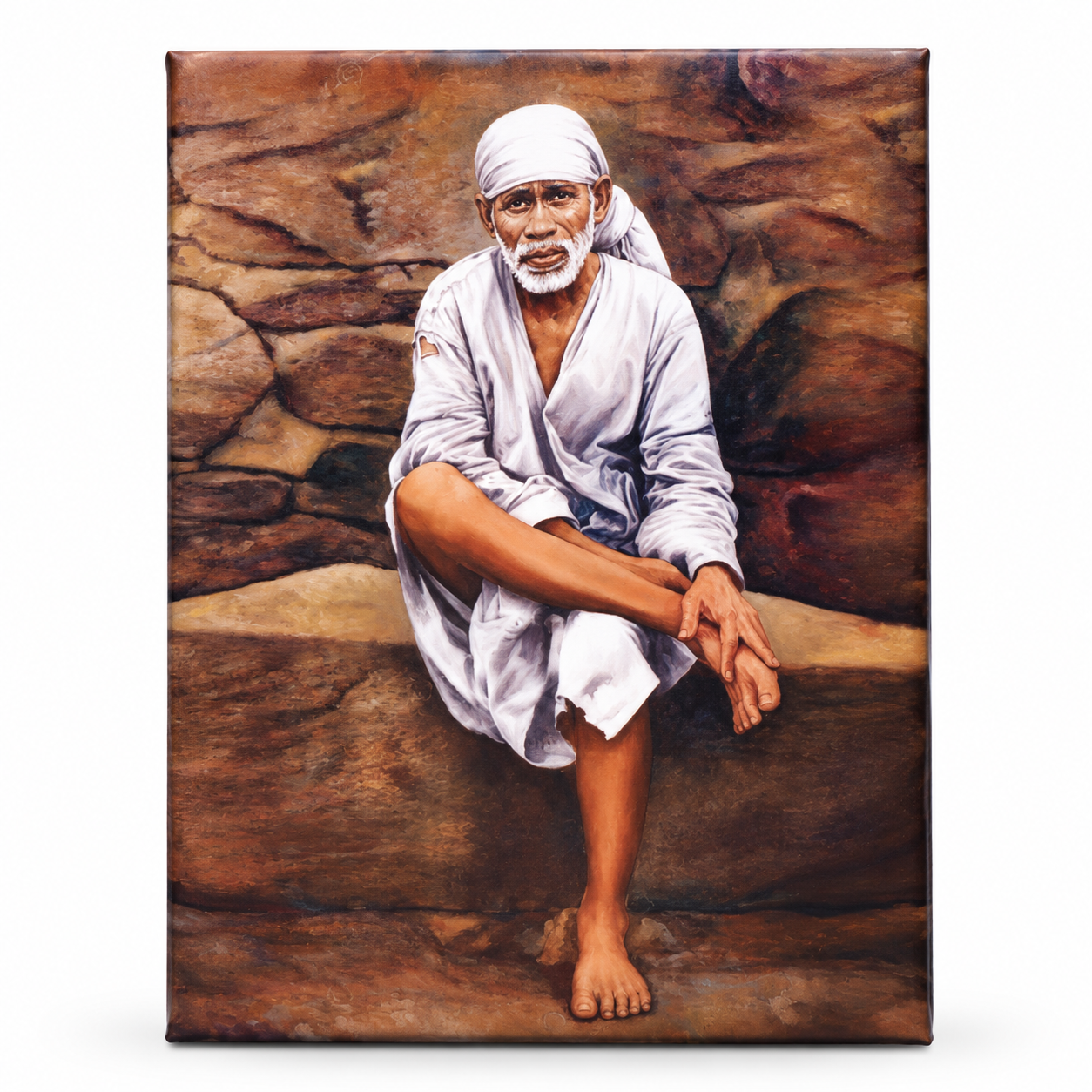Sai Baba Original Photo Sitting on Stone Canvas Reprint | Hemant Art