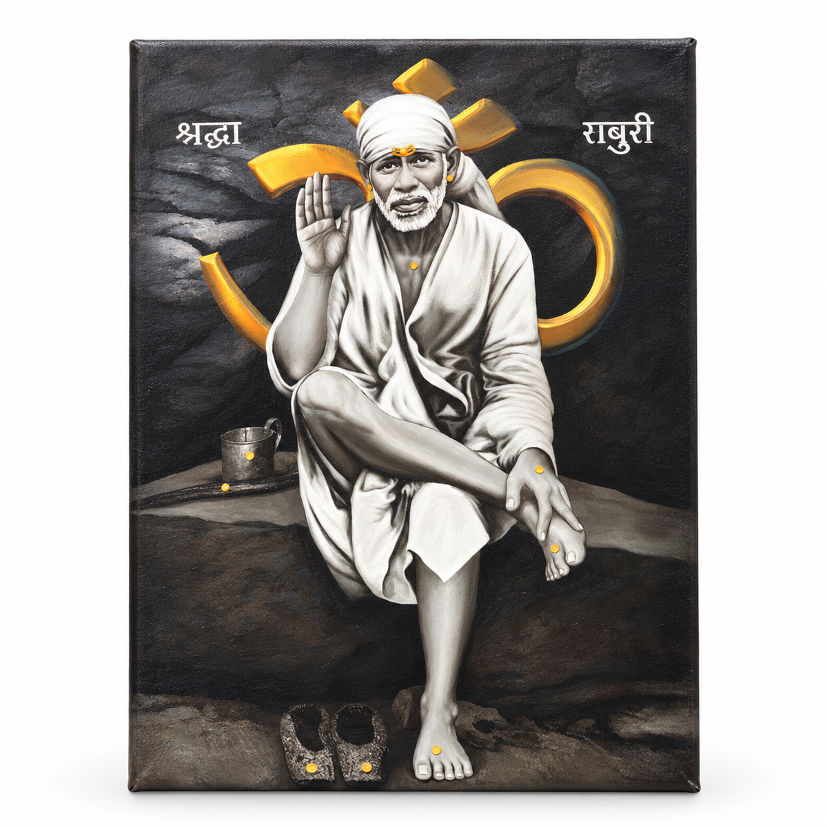 Sai Baba Original Photo Sitting on Stone Canvas Painting | Hemant Art