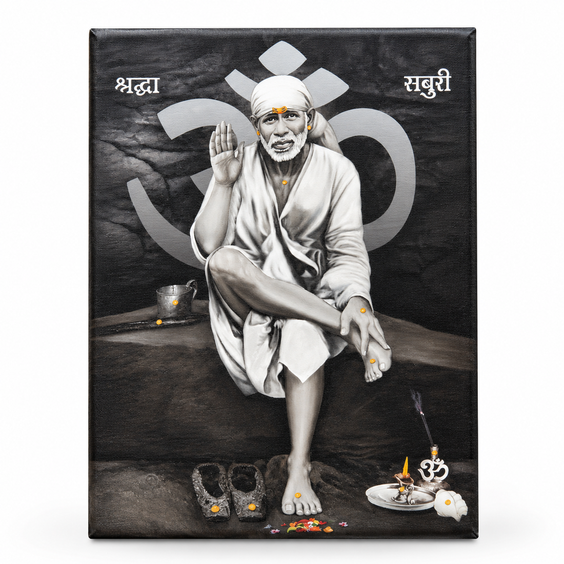 Sai Baba Original Photo Sitting on Stone Canvas Painting | Hemant Art