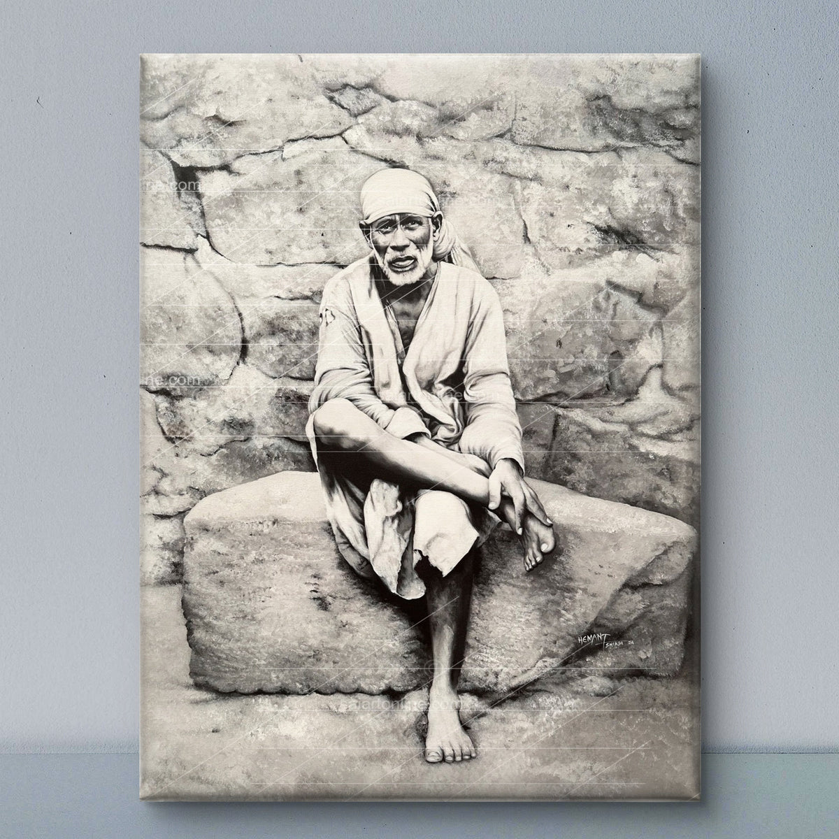 Sai Baba Original Photo Sitting on Stone Canvas Print | Hemant Art