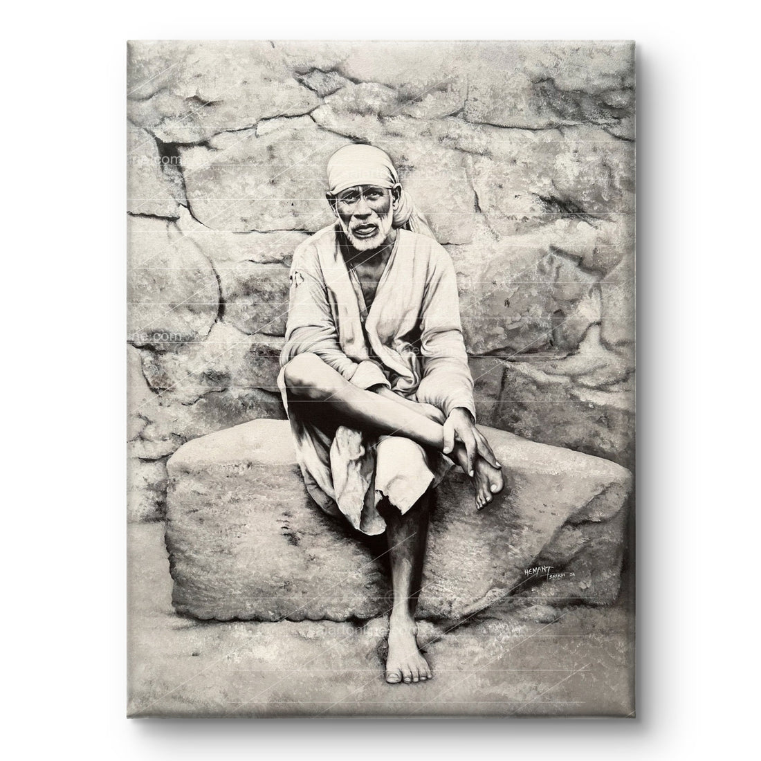 Sai Baba Original Photo Sitting on Stone Canvas Print | Hemant Art