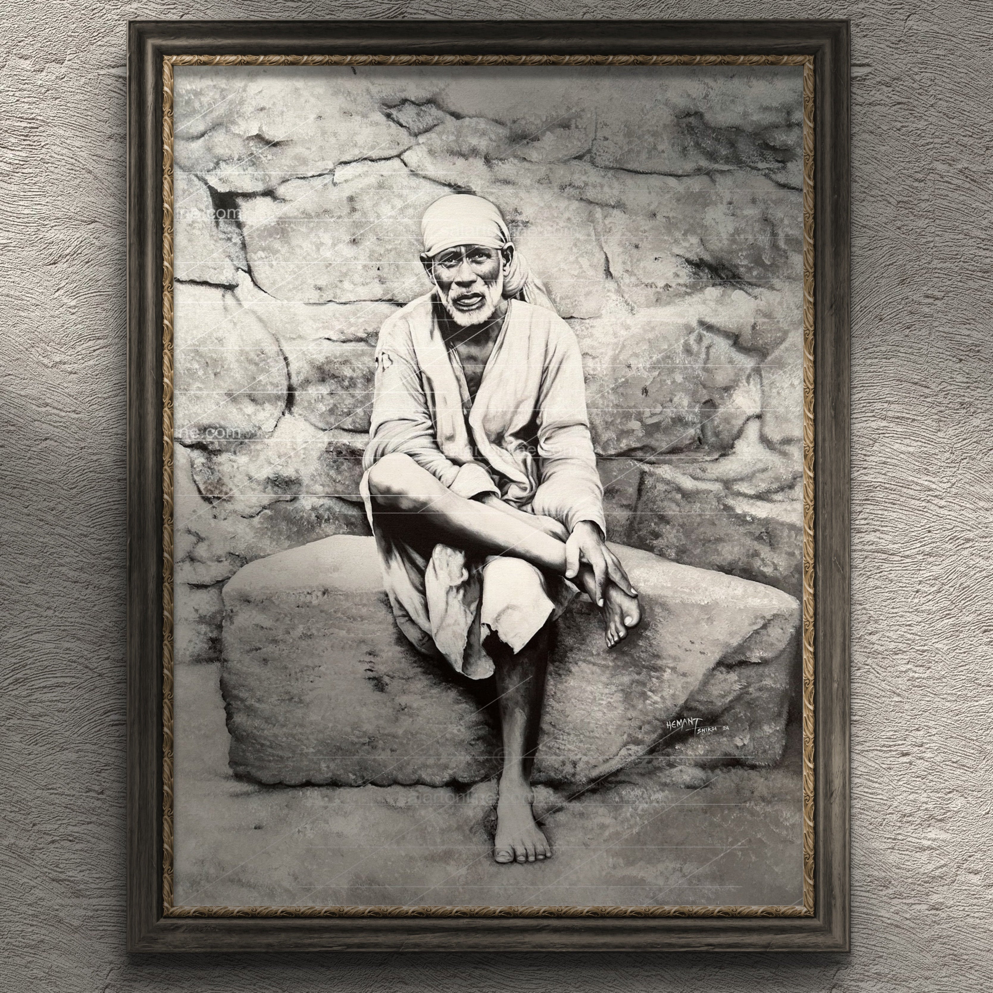 Sai Baba Original Photo Sitting on Stone Canvas Print | Hemant Art