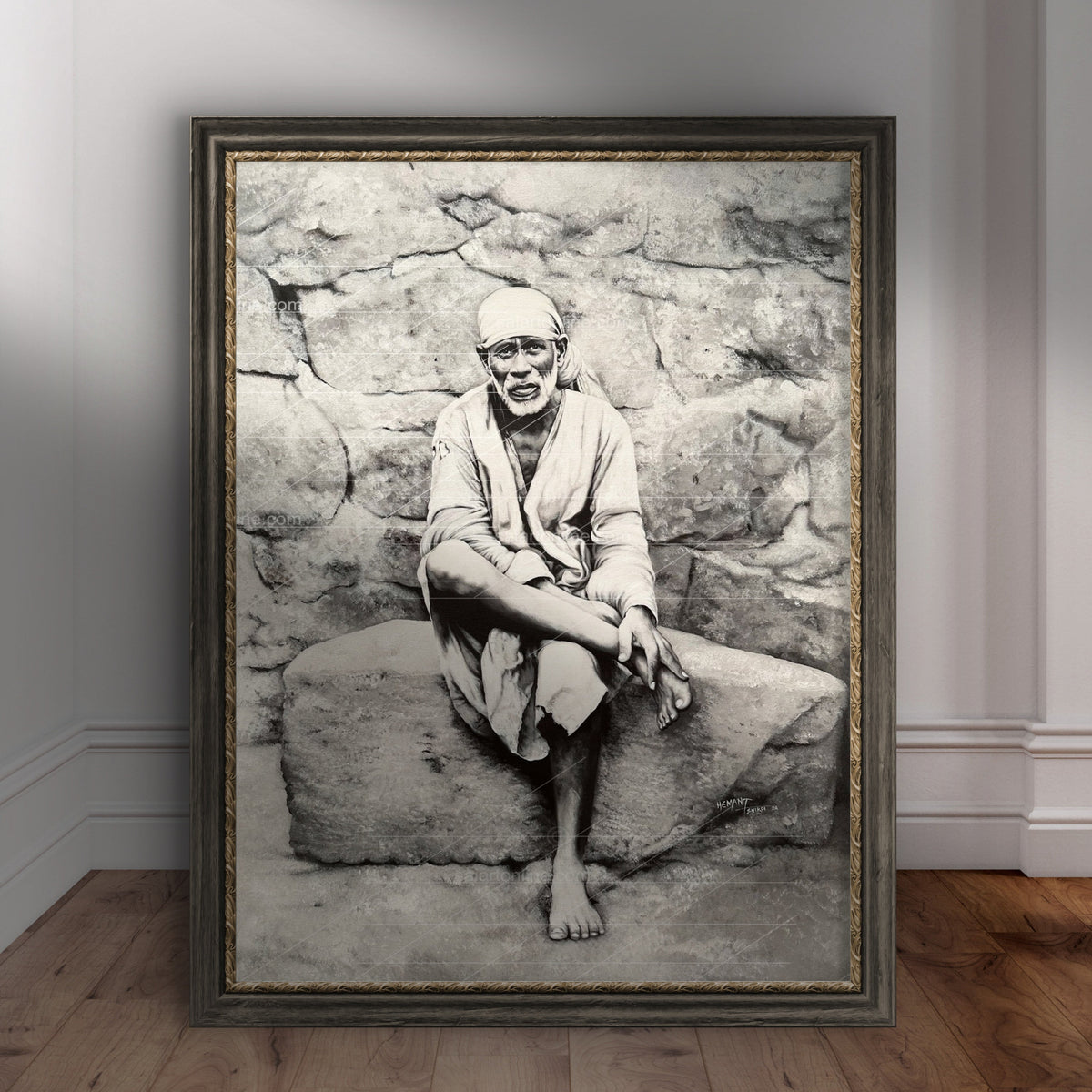 Sai Baba Original Photo Sitting on Stone Canvas Print | Hemant Art