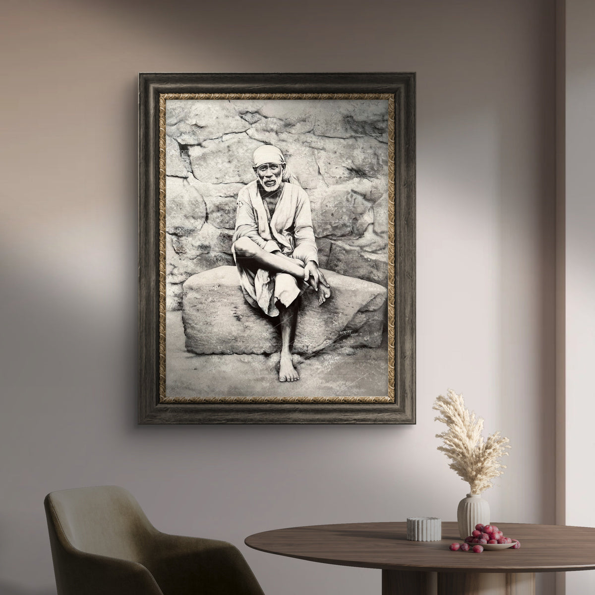 Sai Baba Original Photo Sitting on Stone Canvas Print | Hemant Art