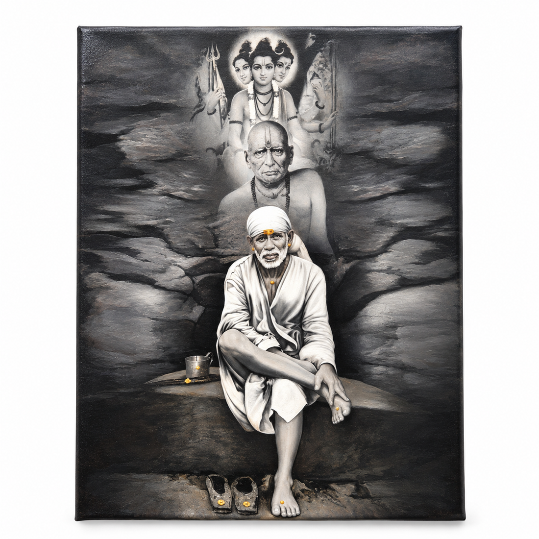 Sai Baba Original Photo Sitting on Stone Canvas Print | Swami+Datta+Baba Stone | Hemant Art