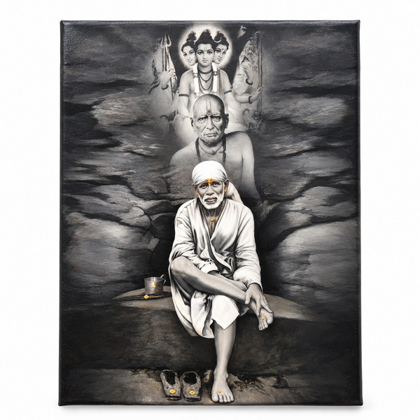 Sai Baba Original Photo Sitting on Stone Canvas Print | Swami+Datta+Baba Stone | Hemant Art