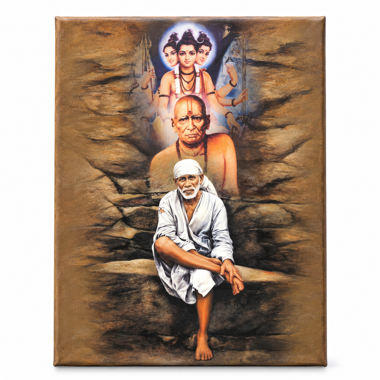 Sai Baba Original Photo Sitting on Stone Canvas Print | Swami+Datta+Sai Stone Canvas Hemant Art