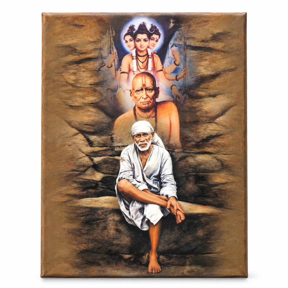 Sai Baba Original Photo Sitting on Stone Canvas Print | Swami+Datta+Sai Stone Canvas Hemant Art
