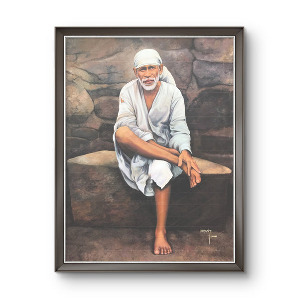 Sai Baba Original Photo Sitting on Stone Canvas Reprint