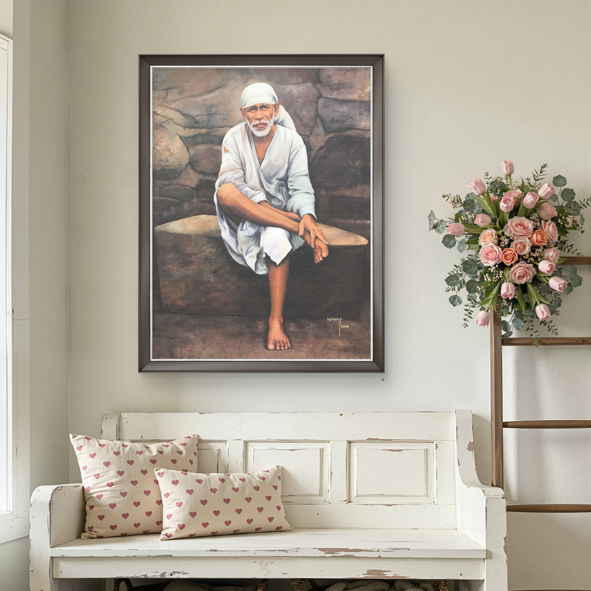 Sai Baba Original Photo Sitting on Stone Canvas Reprint