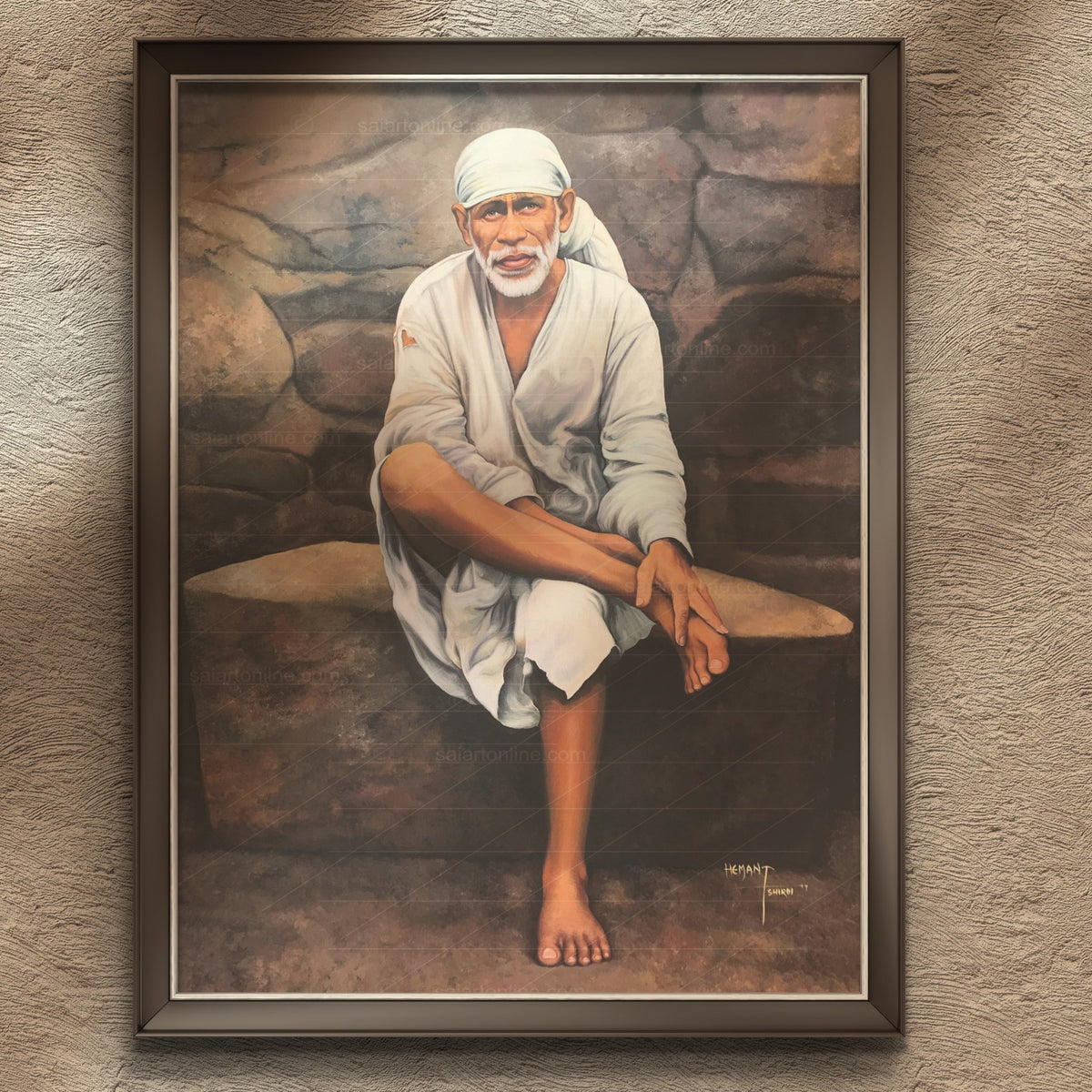 Sai Baba Original Photo Sitting on Stone Canvas Reprint