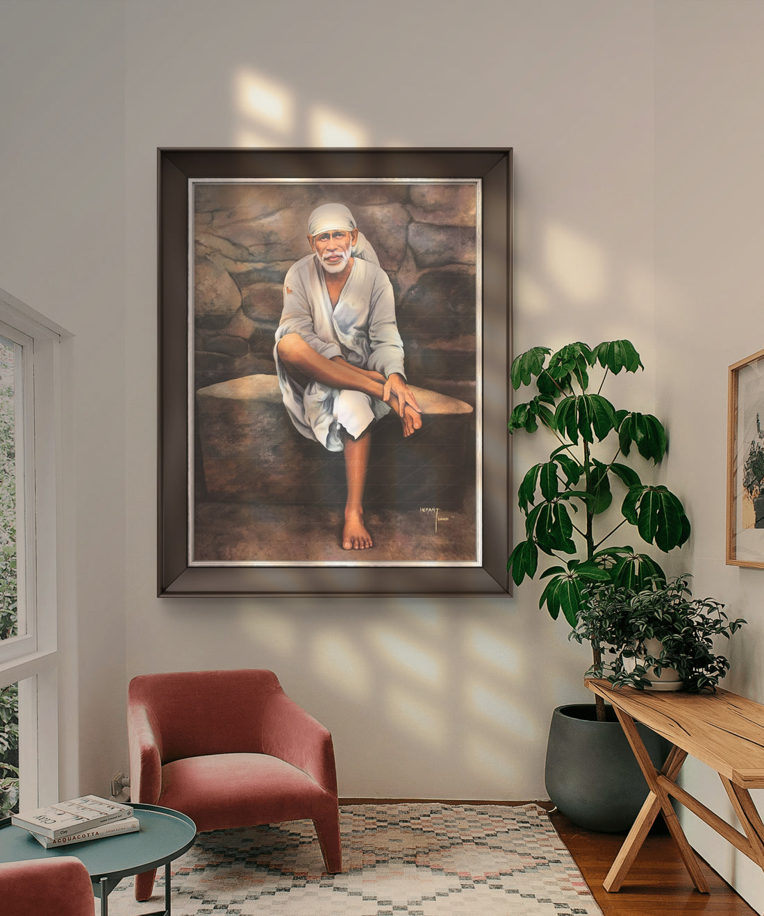 Sai Baba Original Photo Sitting on Stone Canvas Reprint
