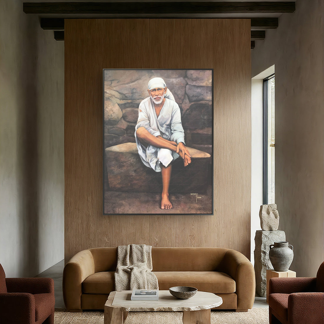 Sai Baba Original Photo Sitting on Stone Canvas Reprint
