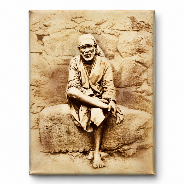 Sai Baba Original Photo Sitting on Stone Canvas Reprint | Hemant Art