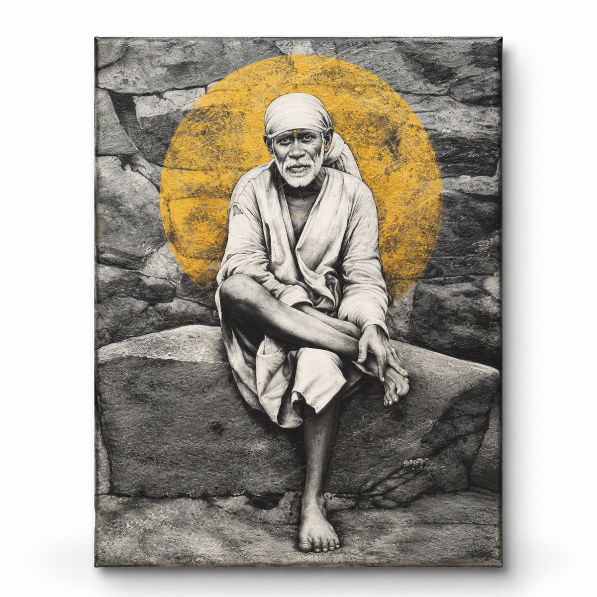 Sai Baba Original Photo Sitting on Stone Canvas Reprint | Hemant Art