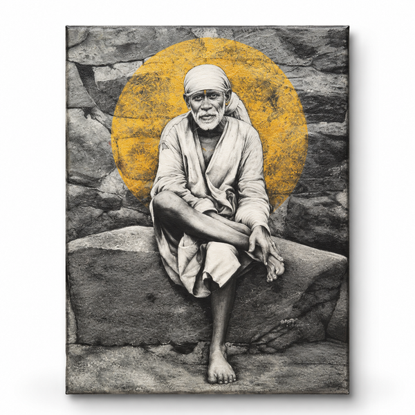 Sai Baba Original Photo Sitting on Stone Canvas Reprint | Hemant Art