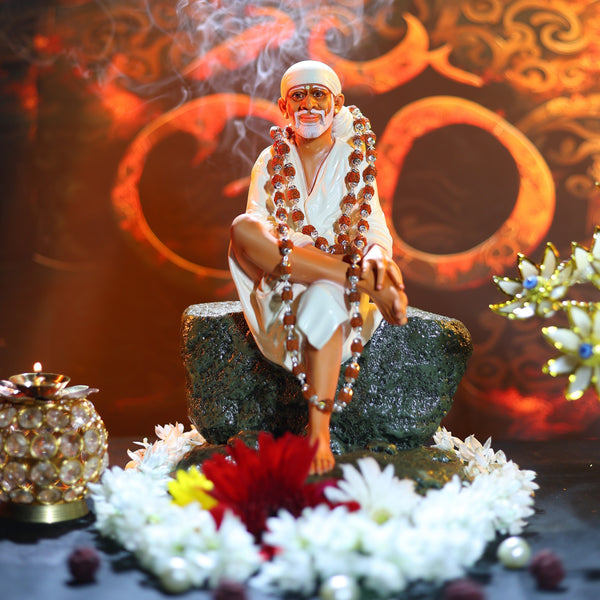 Sai Baba Statue Sitting on Stone – 5 NO  White 12 Inch Hemant Art