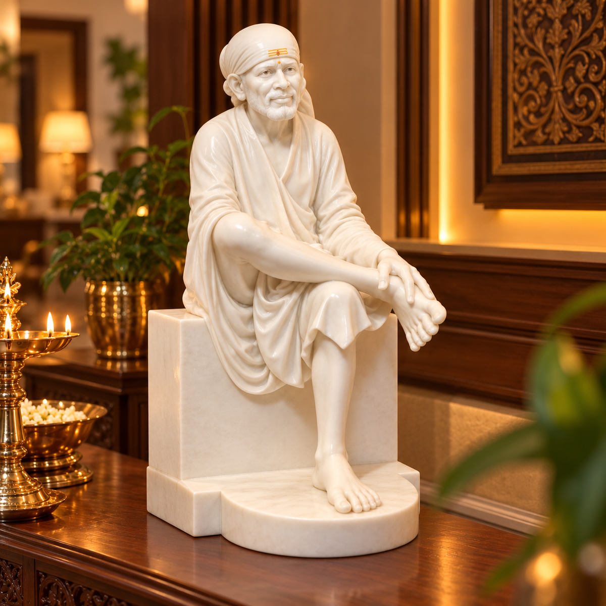 Saibaba Sitting On Stone Glossy Marble Idol 9no