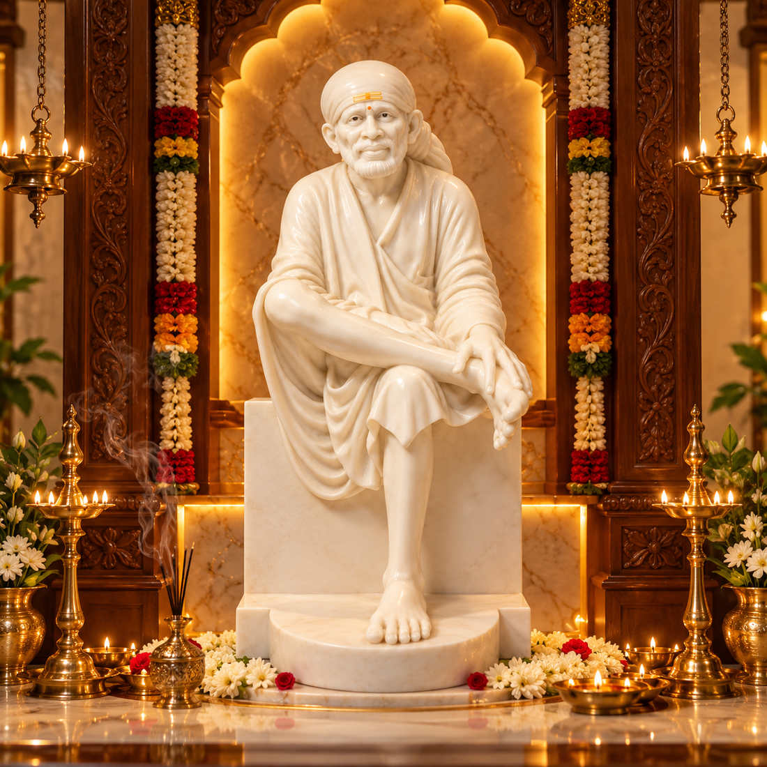 Saibaba Sitting On Stone Glossy Marble Idol 9no