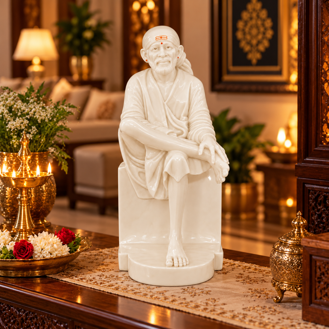 Saibaba Sitting On Stone Glossy Marble Idol 8no