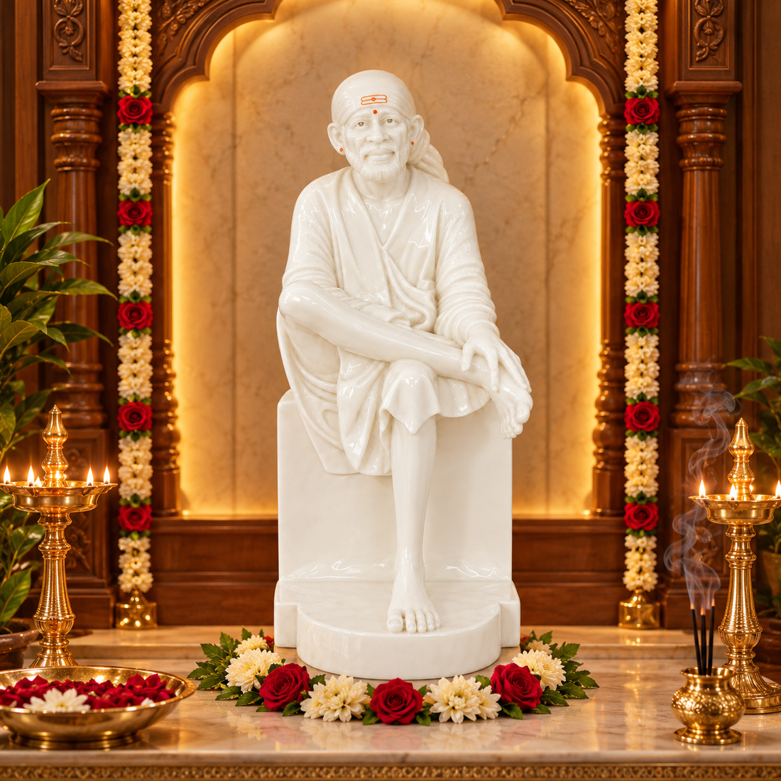Saibaba Sitting On Stone Glossy Marble Idol 8no