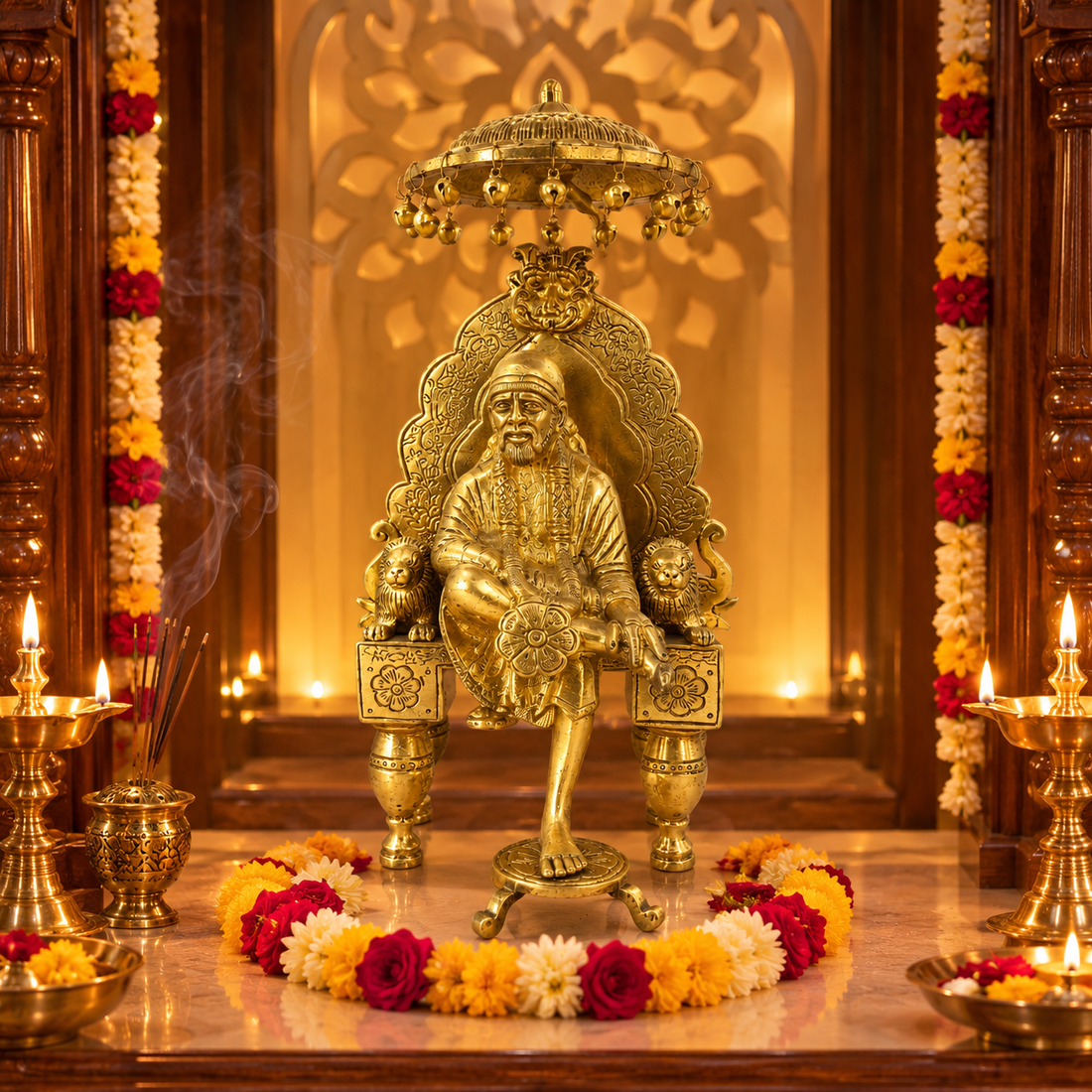 Saibaba Idol with Throne Brass