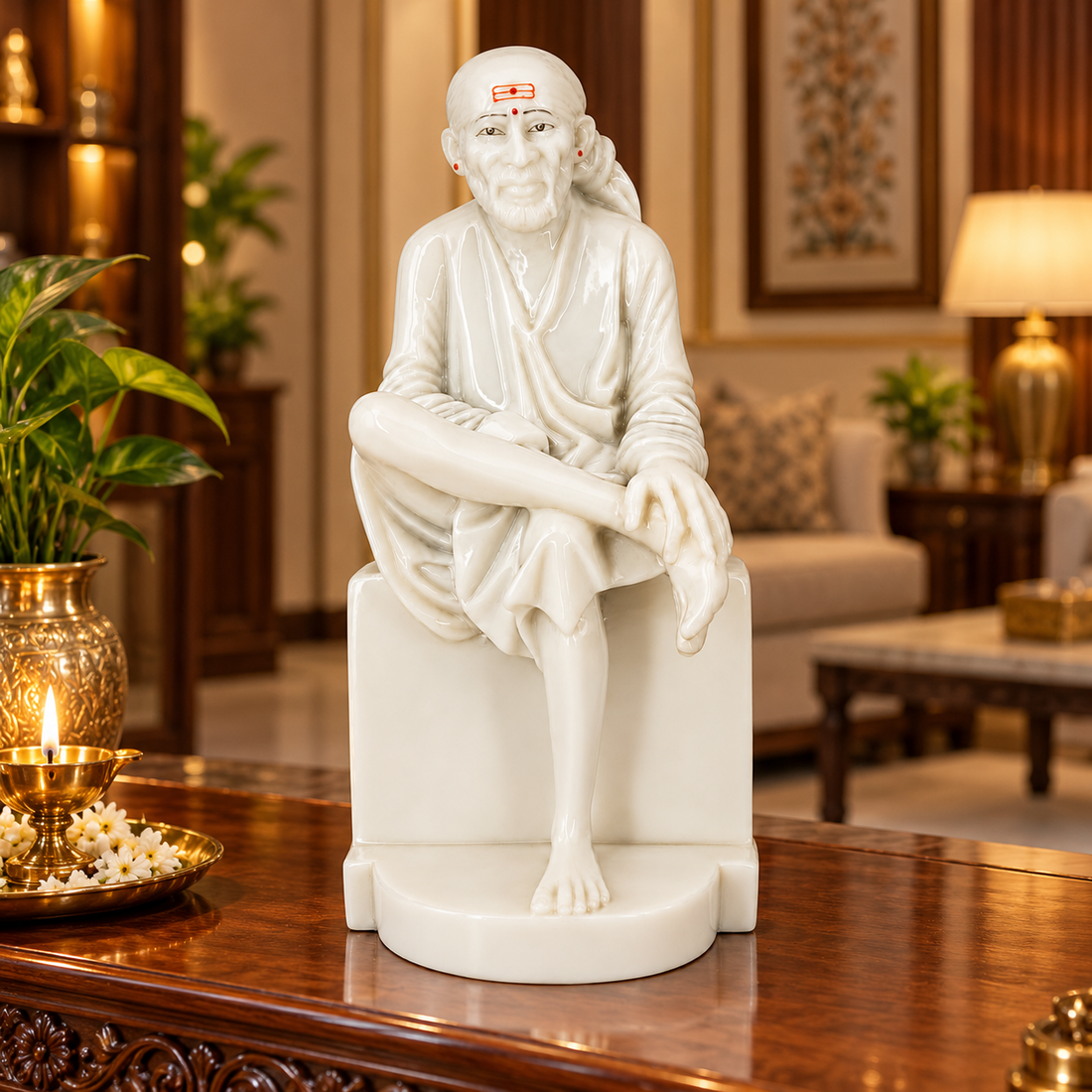 Saibaba Sitting On Stone Glossy Marble Idol 5no