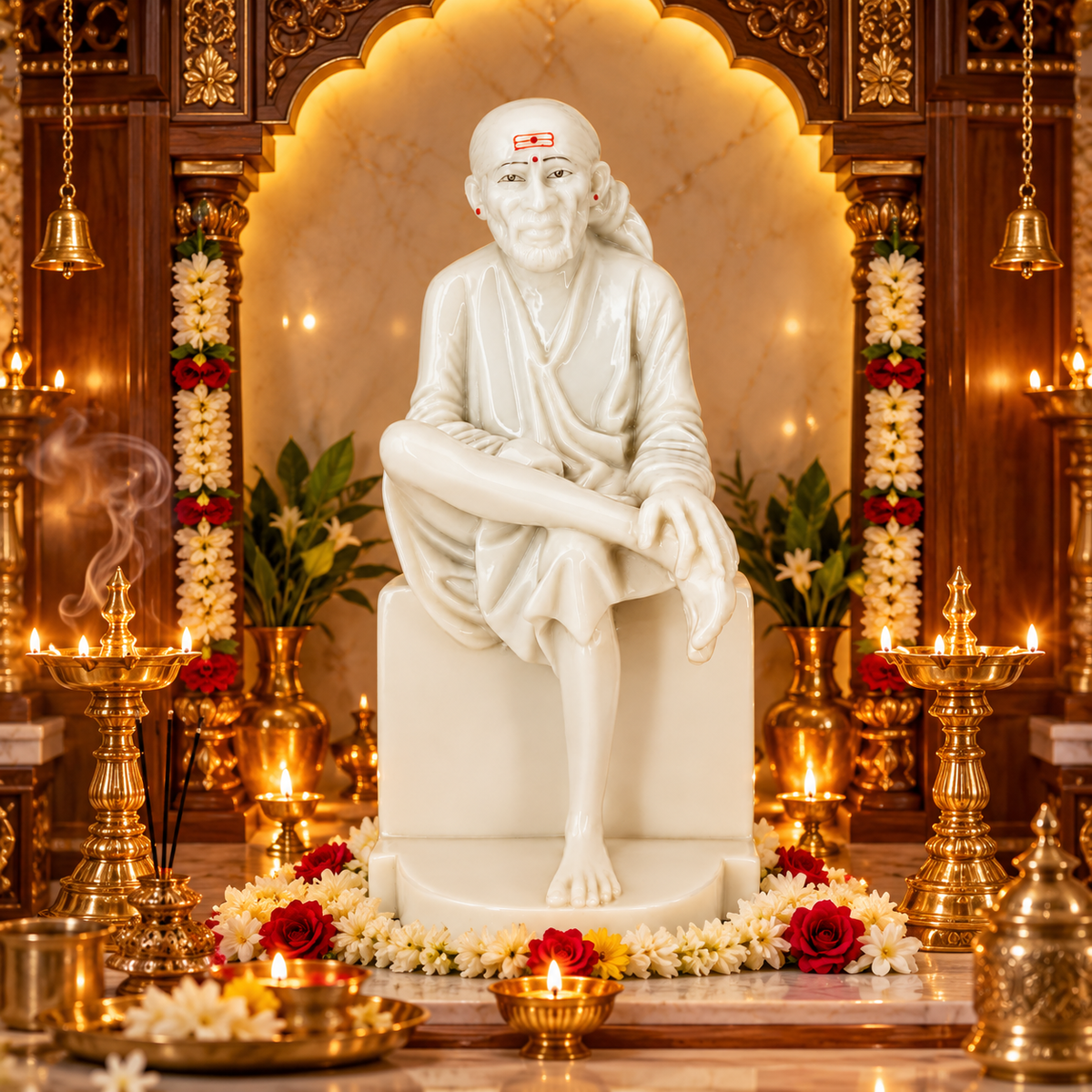 Saibaba Sitting On Stone Glossy Marble Idol 5no