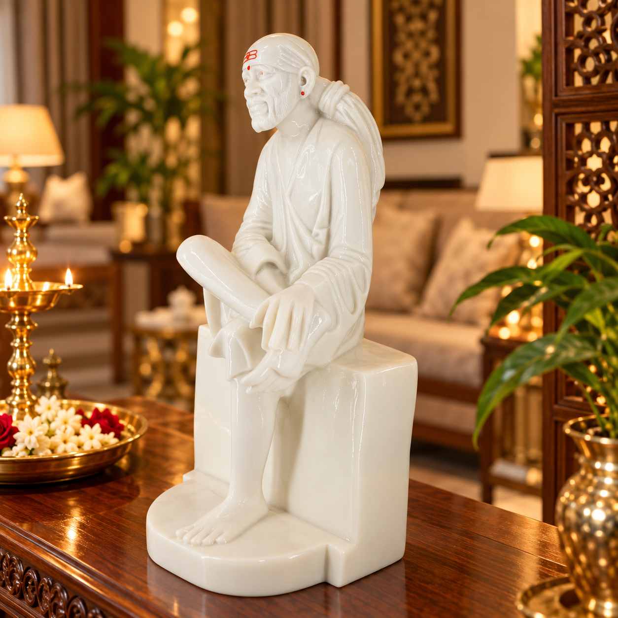 Saibaba Sitting on Stone Glossy Marble Idol 6no