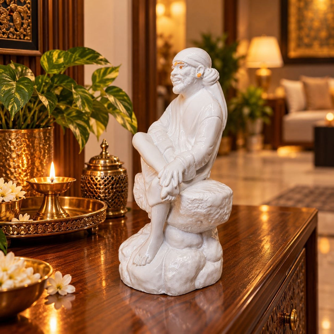 Saibaba Sitting on Stone Porcelain Idol 0 No