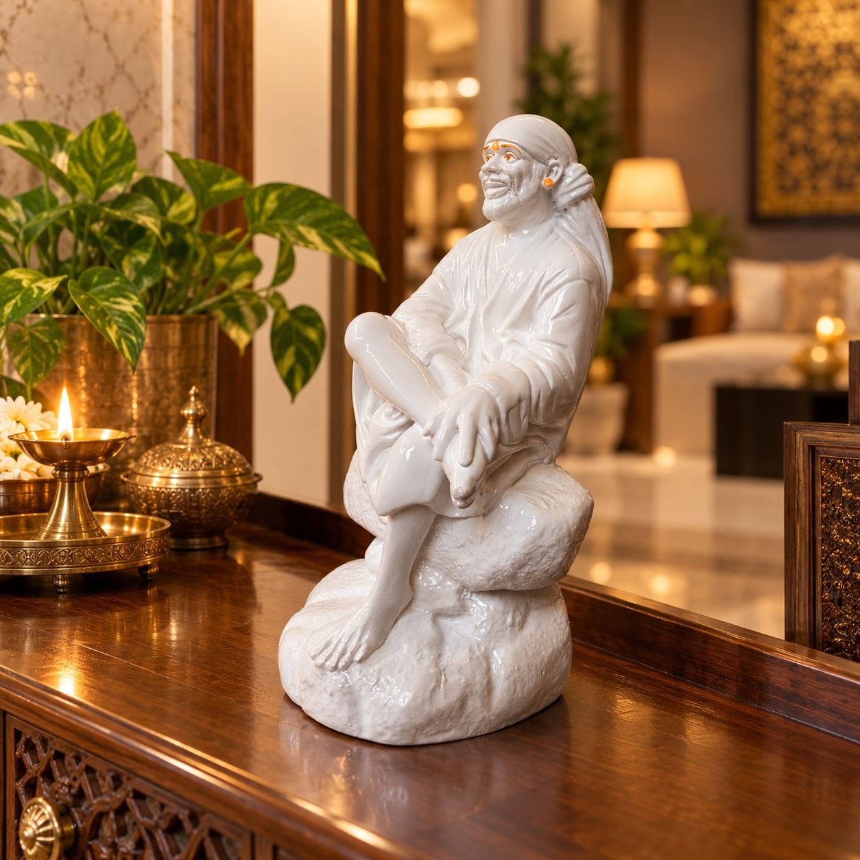 Saibaba Sitting on Stone Porcelain Idol 1 No
