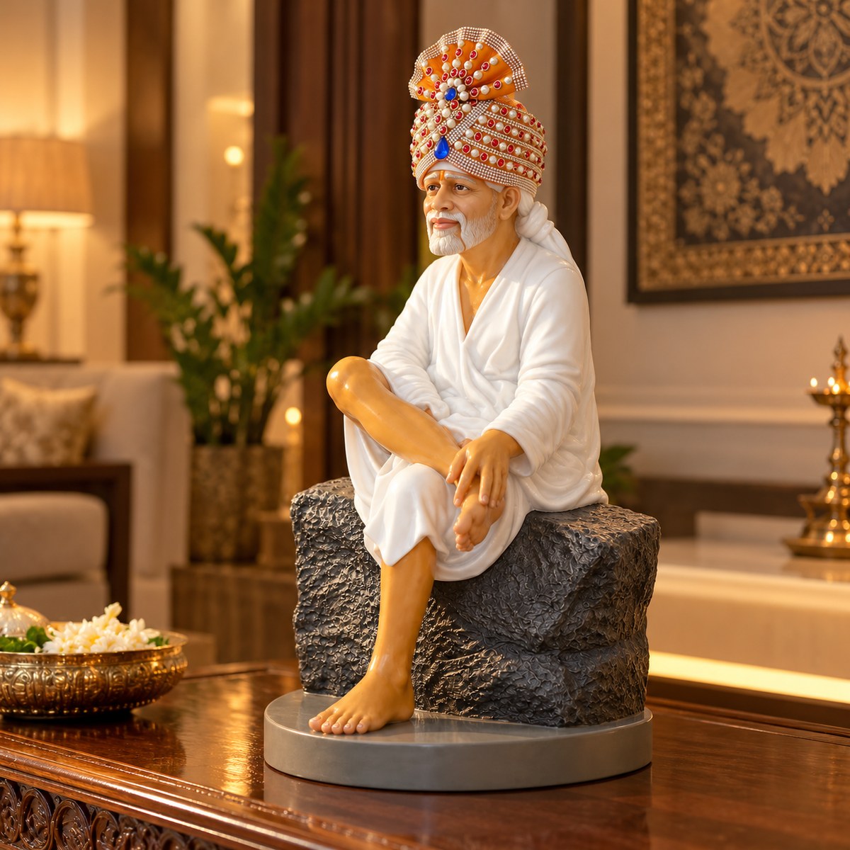 Saibaba Sitting on Stone Resin Statue