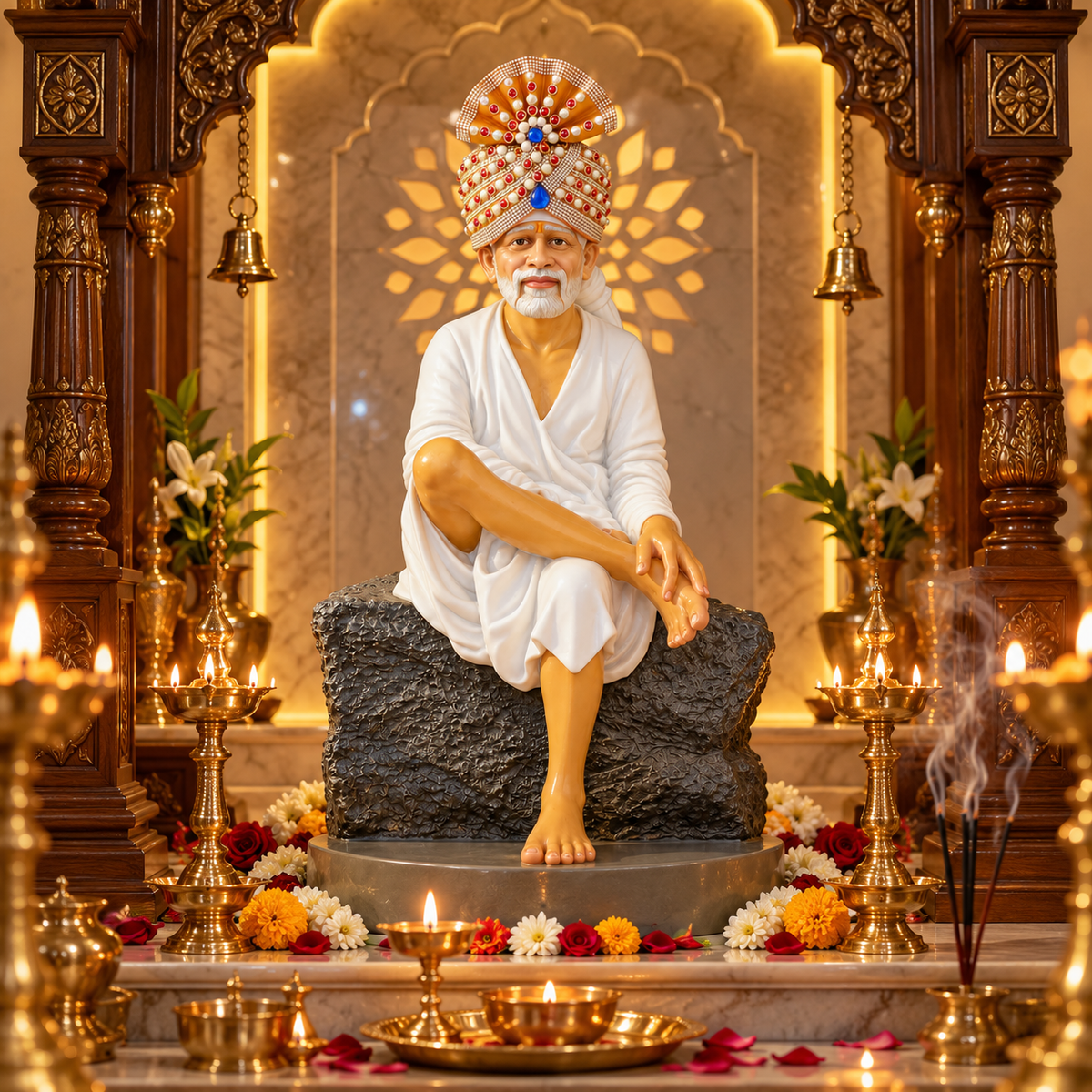Saibaba Sitting on Stone Resin Statue