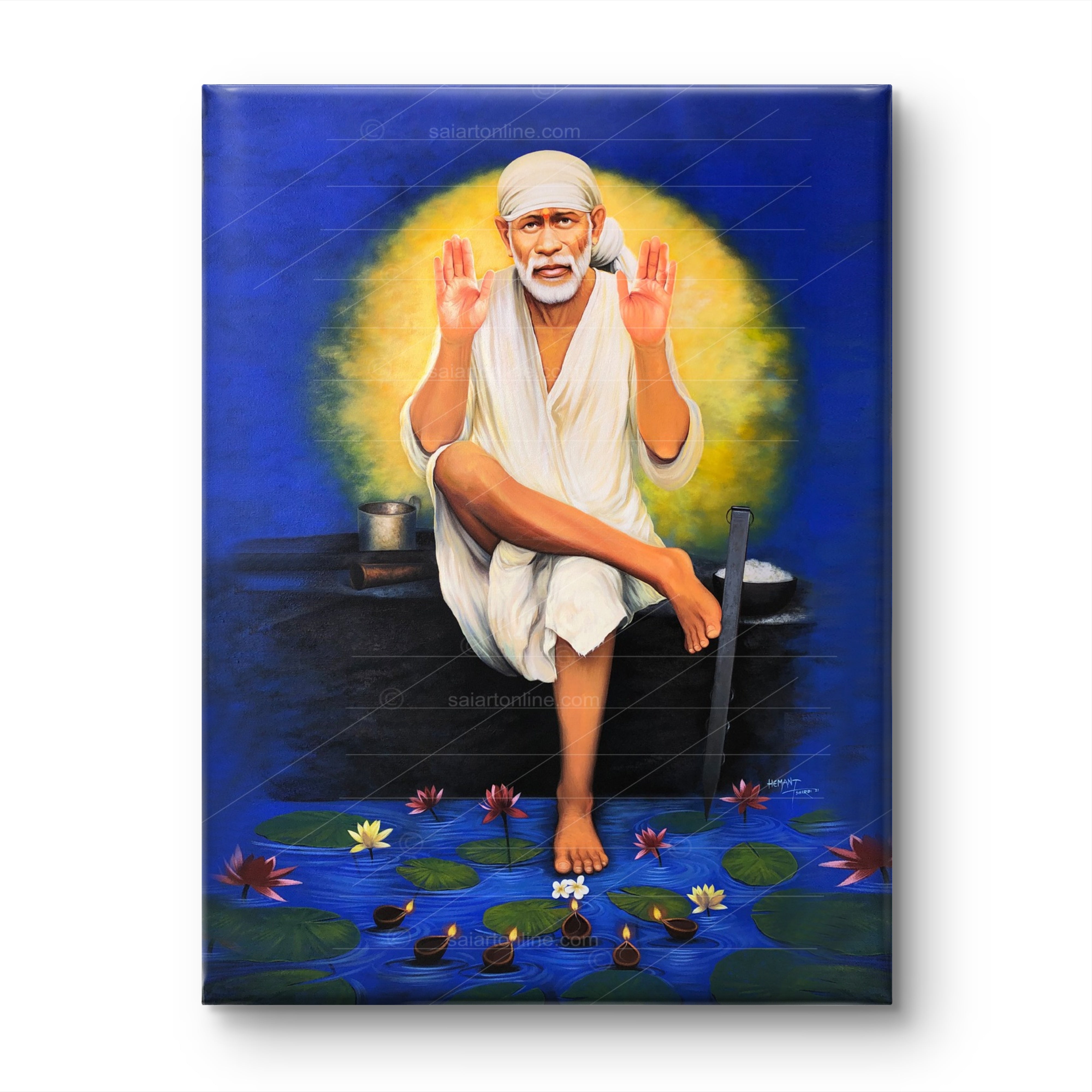 sai baba sitting on stone blessing pose
