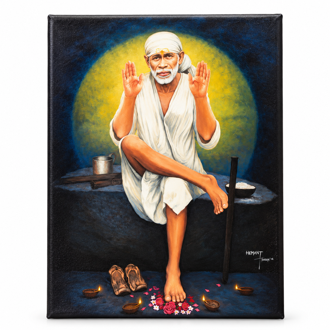 Saibaba Two-Hand Blessing Canvas, Yellow Moon Hemant Art