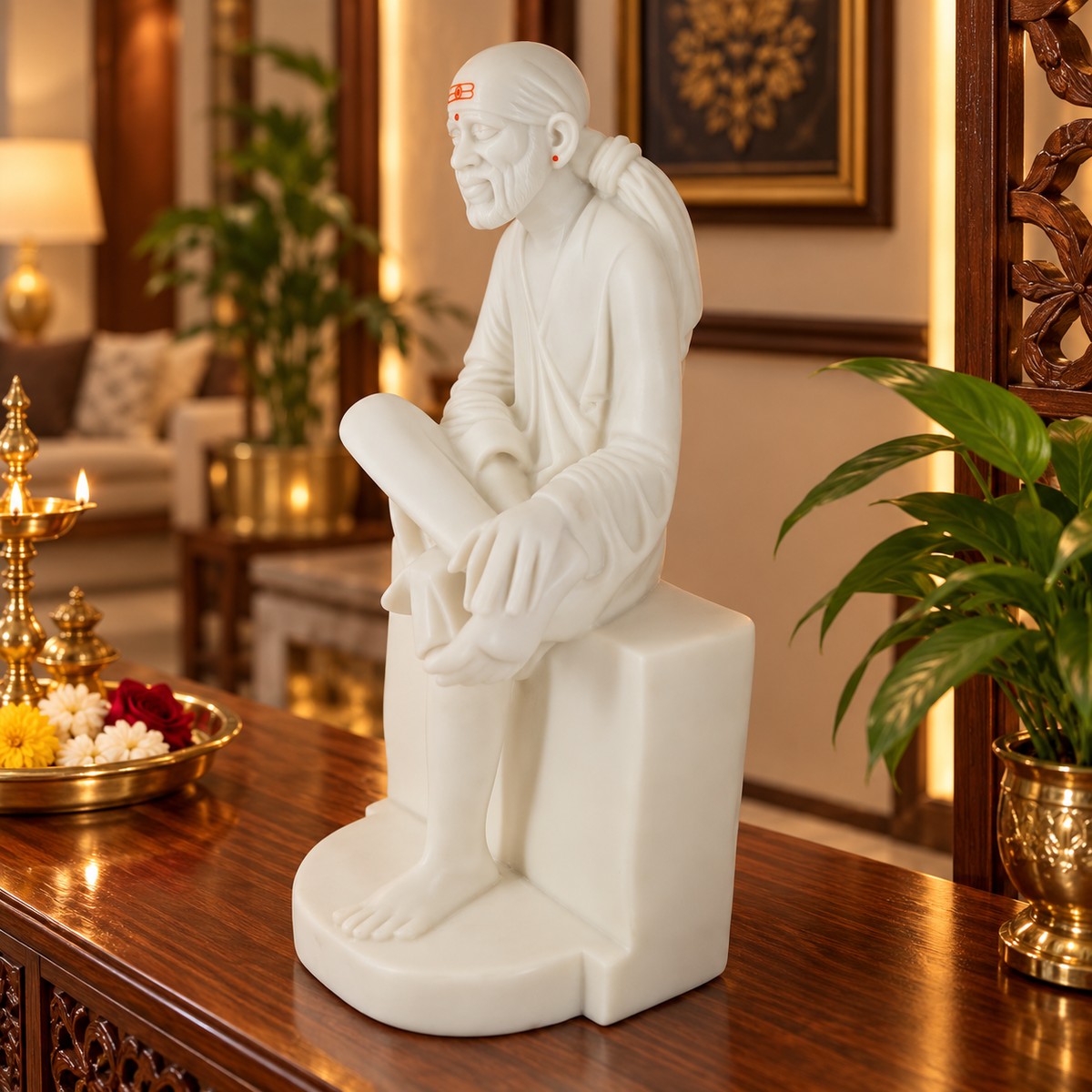 Saibaba Sitting on Stone Matt Marble Idol 6no