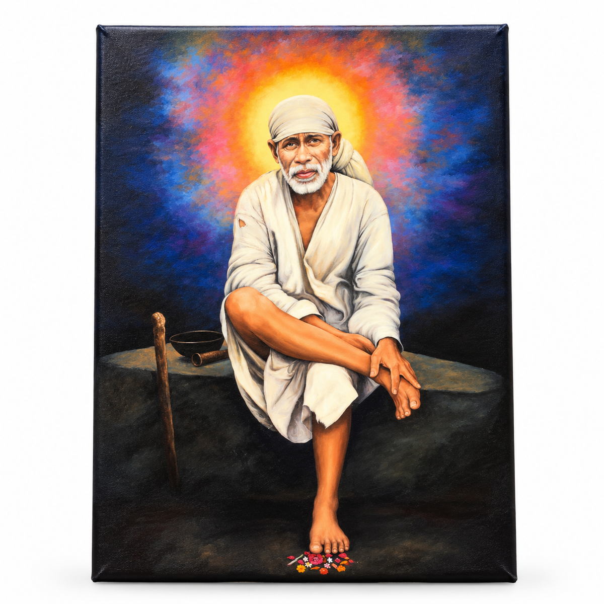 Saibaba on Stone Canvas Print, Black Stone & Sun Hemant Art