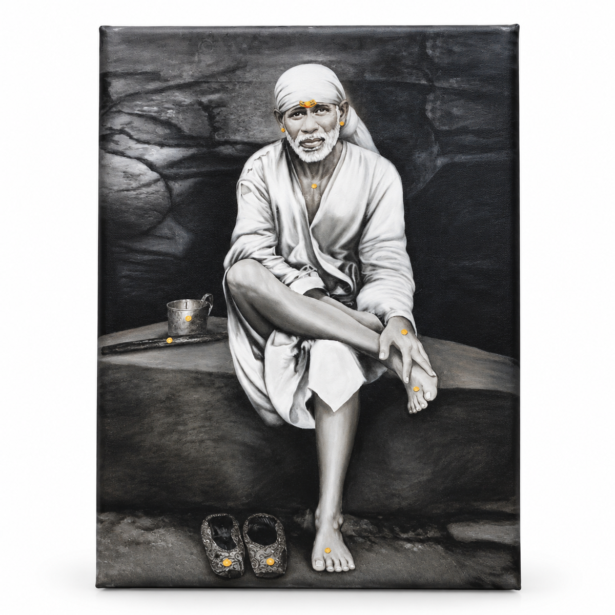 Saibaba on Stone Canvas Print, Black & White Hemant Art