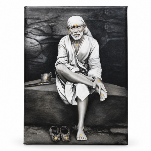 Saibaba on Stone Canvas Print, Black & White Hemant Art