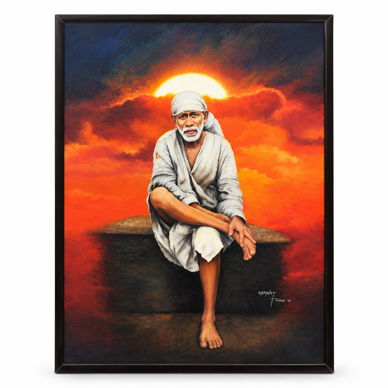 Saibaba on Stone Canvas Print, Orange Sky Hemant Art