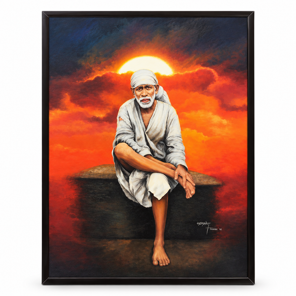 Saibaba on Stone Canvas Print, Orange Sky Hemant Art