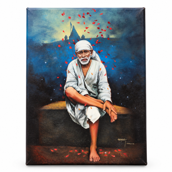 Saibaba on Stone Canvas Print, Rose Shower Hemant Art