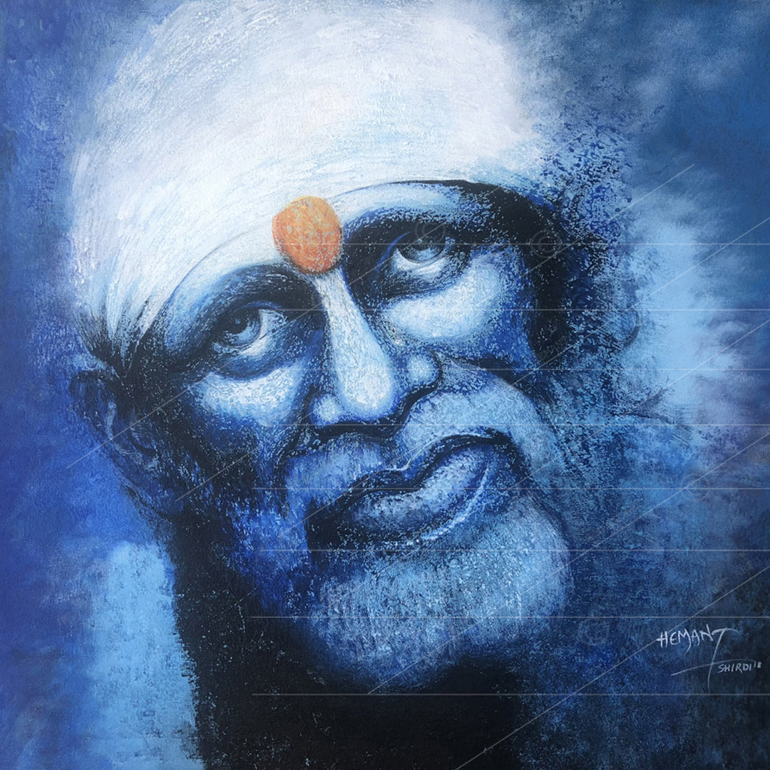 Saibaba Blue Face & Yellow Tika Canvas Print Hemant Art