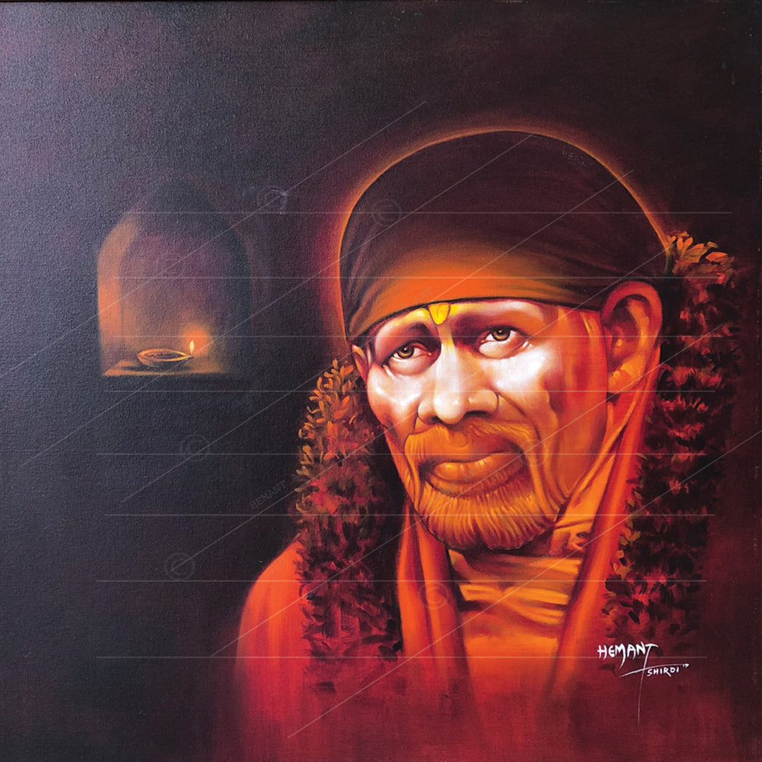 Saibaba Red Diya Face Canvas Reprint Hemant Art
