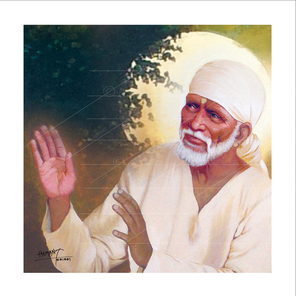 Saibaba Two-Hand Blessing Canvas, White Moon Hemant Art
