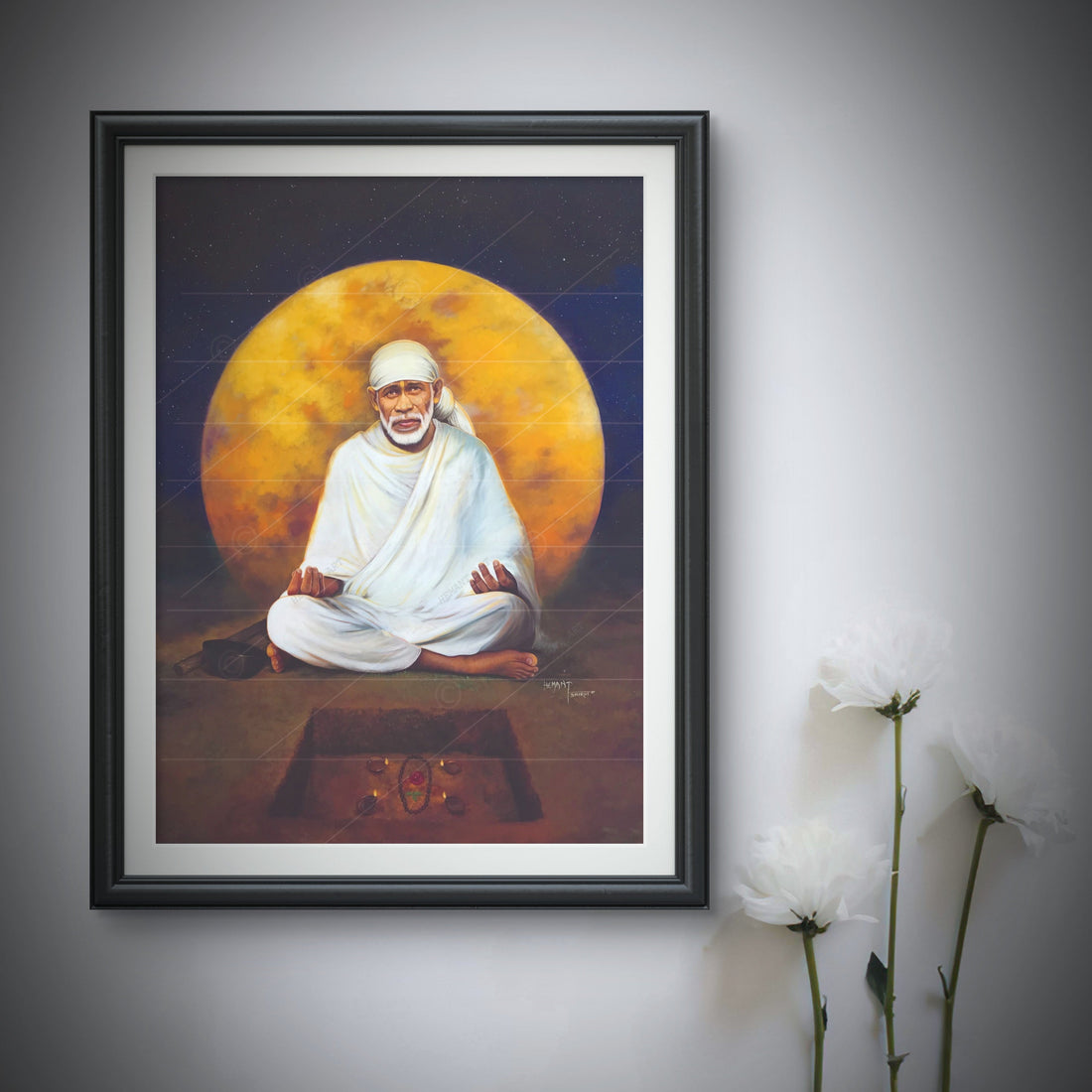 Saibaba Meditation Canvas Print, Yellow Moon