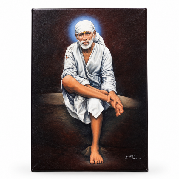 Shirdi Sai Baba Original Photo Sitting on Stone Canvas Painting | Hemant Art