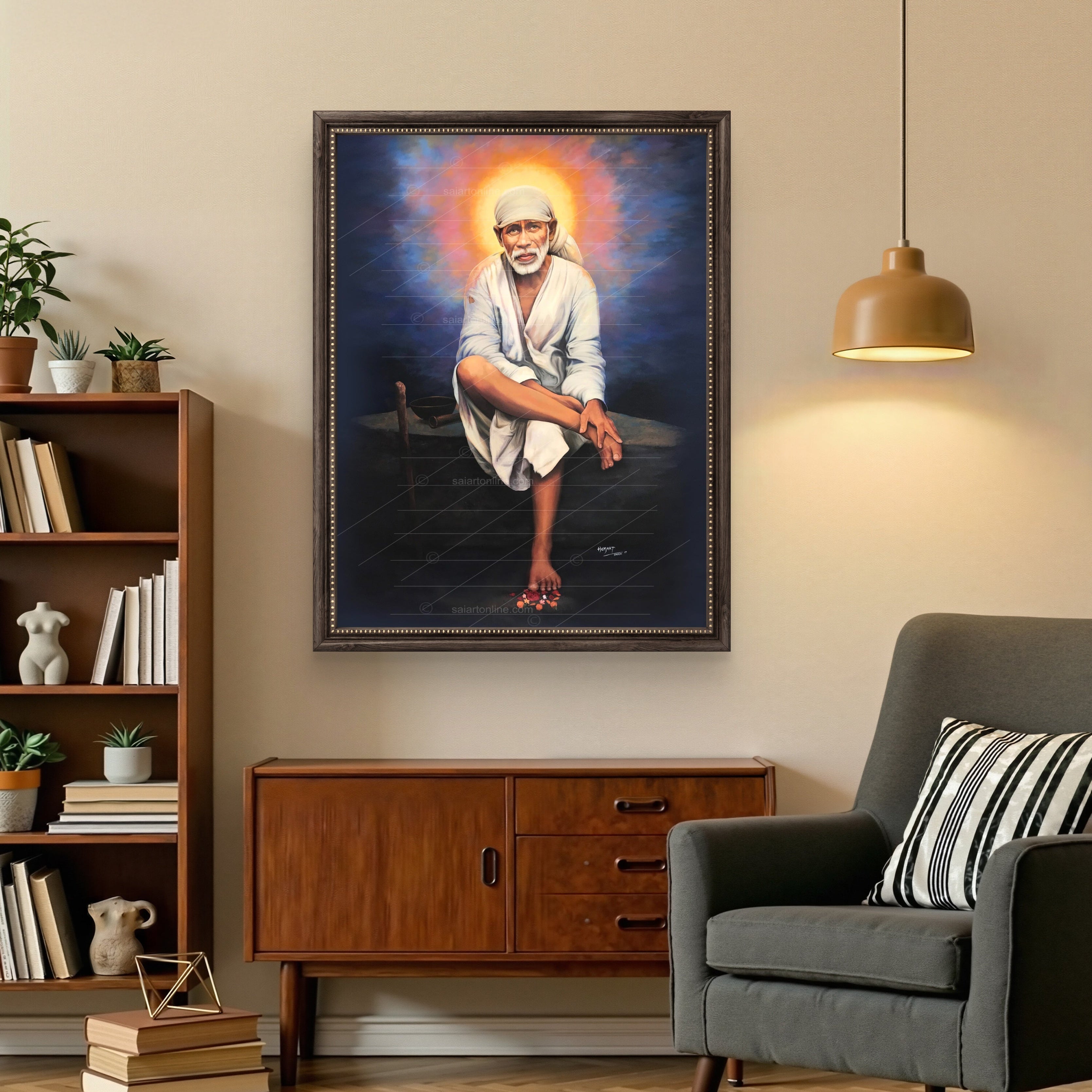 Saibaba on Stone Canvas Print, Black Stone & Sun Hemant Art